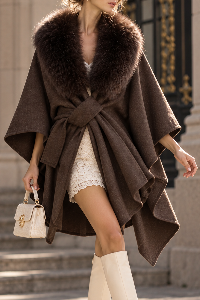 Dark Brown Wool Blend Draped Cape Coat with Fur Collar Flowering Girl