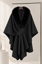 Black Wool Blend Oversized Draped Cape Coat with Fur Collar Flowering Girl