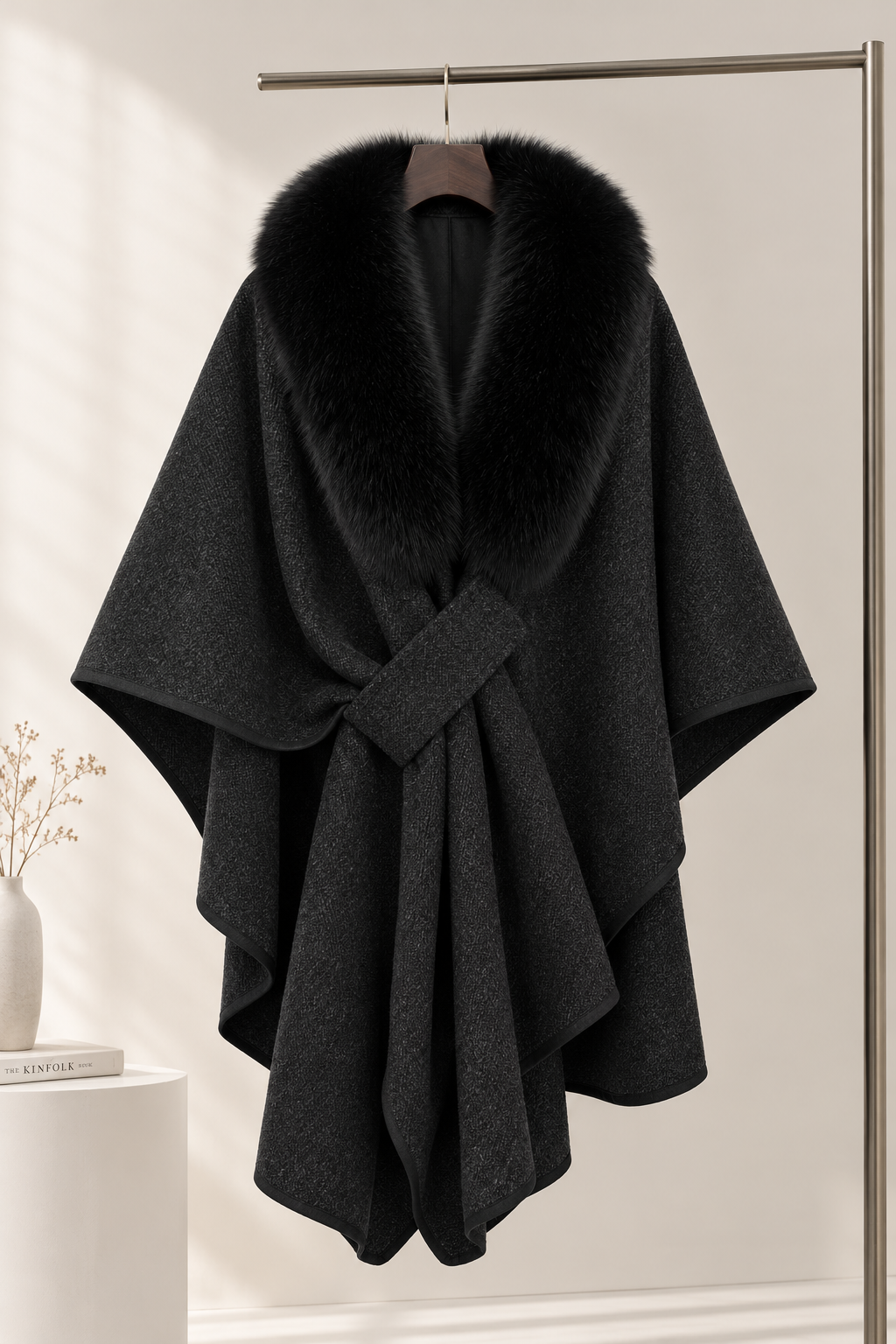 Black Wool Blend Oversized Draped Cape Coat with Fur Collar Flowering Girl