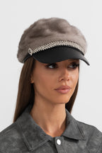 Mink Fur Hat With Leather Visor - Gray Flowering Girl