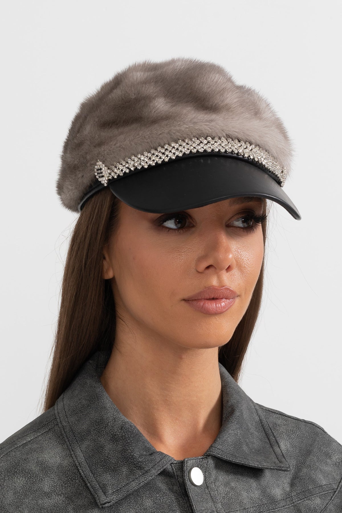 Mink Fur Hat With Leather Visor - Gray Flowering Girl