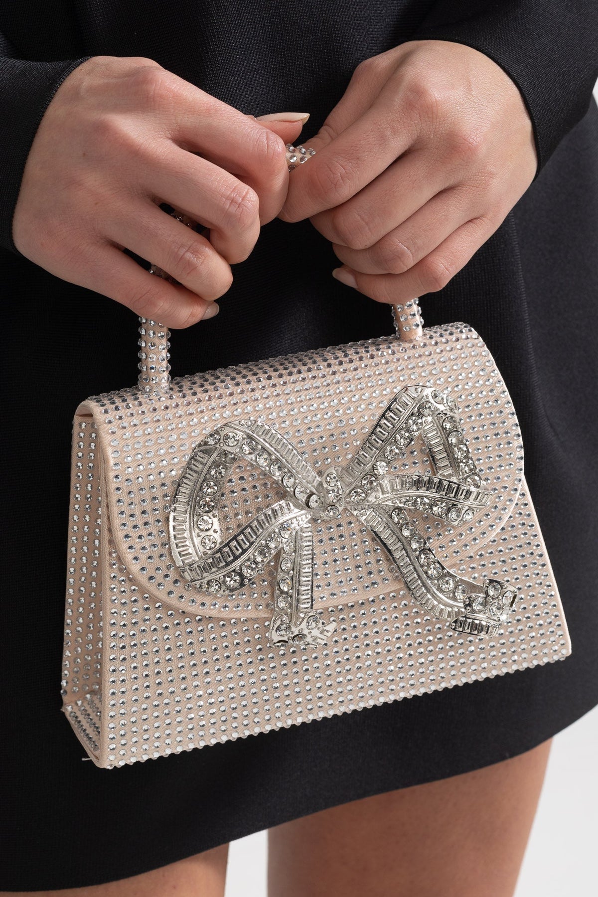 Sparkling Rhinestone Clutch With Decorative Metallic Bow - Champagne Flowering Girl