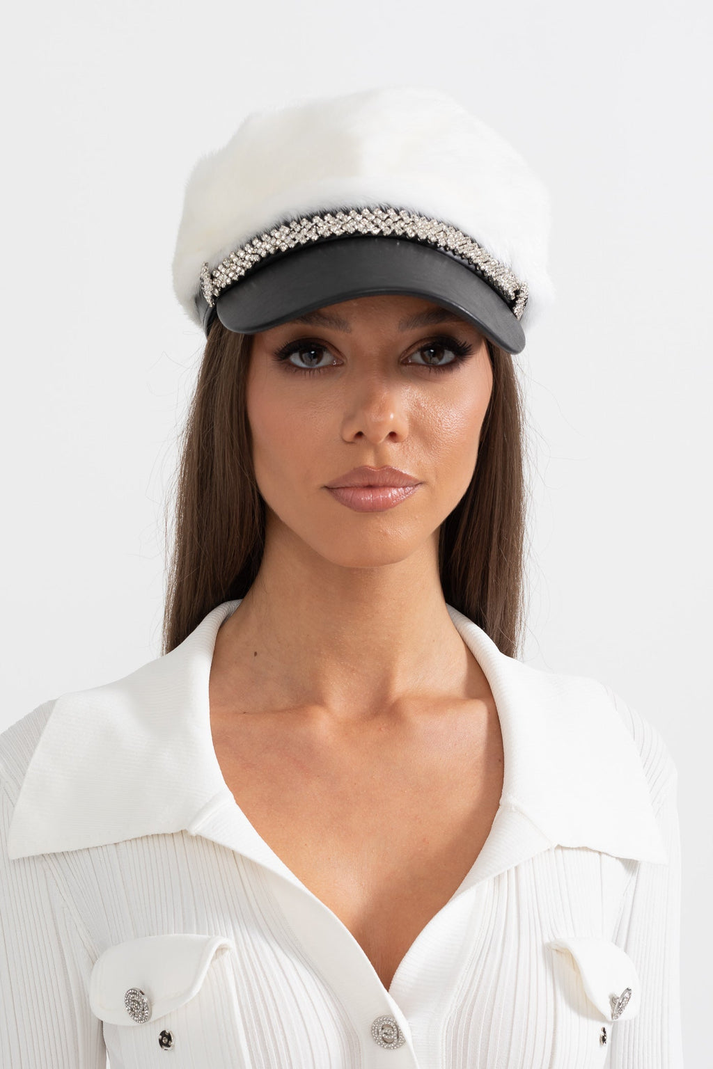 Mink Fur Hat With Leather Visor - White Flowering Girl