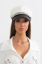 Mink Fur Hat With Leather Visor - White Flowering Girl