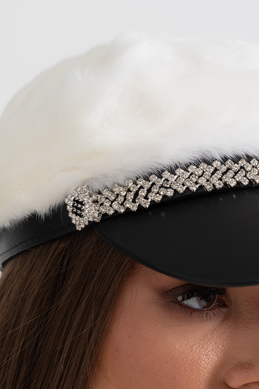 Mink Fur Hat With Leather Visor - White Flowering Girl