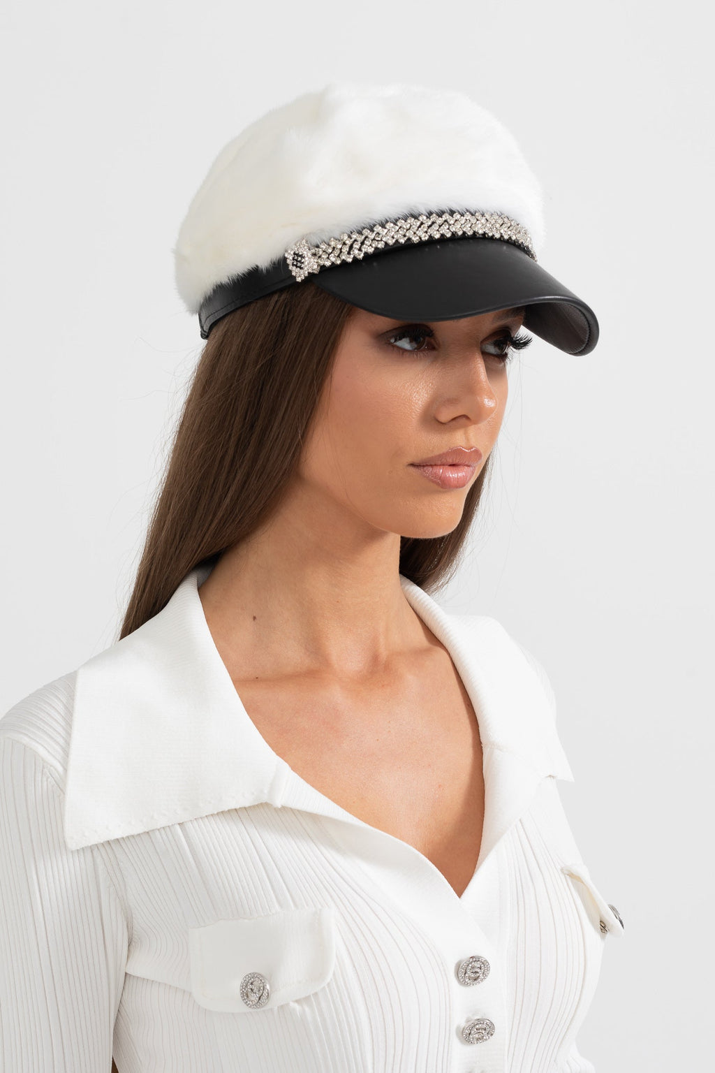 Mink Fur Hat With Leather Visor - White Flowering Girl