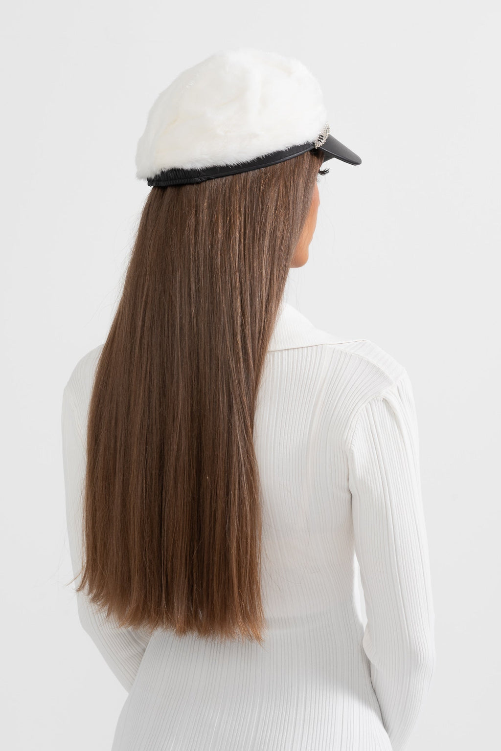 Mink Fur Hat With Leather Visor - White Flowering Girl
