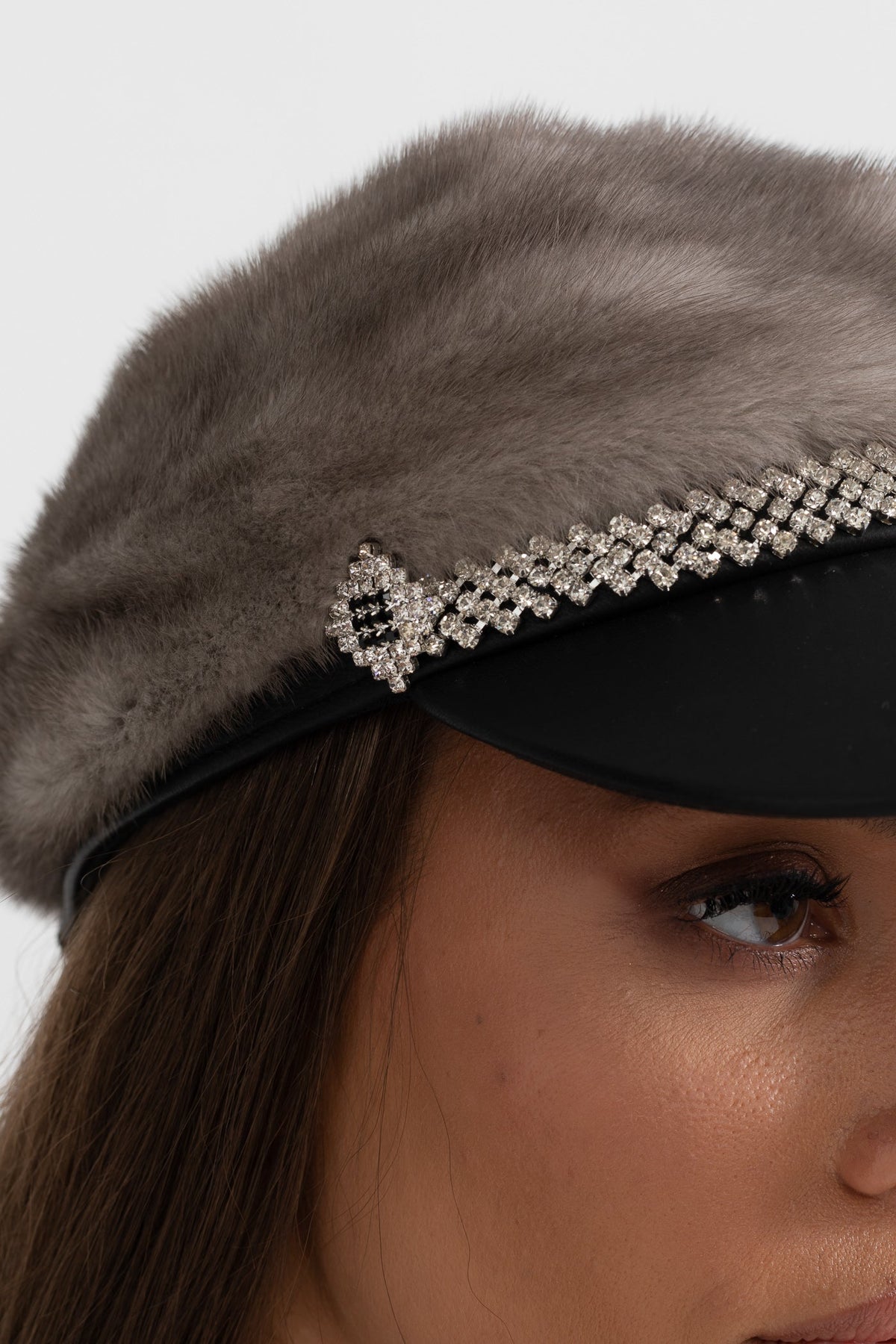 Mink Fur Hat With Leather Visor - Gray Flowering Girl