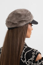 Mink Fur Hat With Leather Visor - Gray Flowering Girl