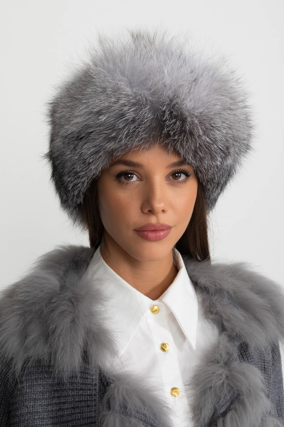 Real Fox Fur Trimmed Hat With Pom-Pom Ties – Grey Flowering Girl