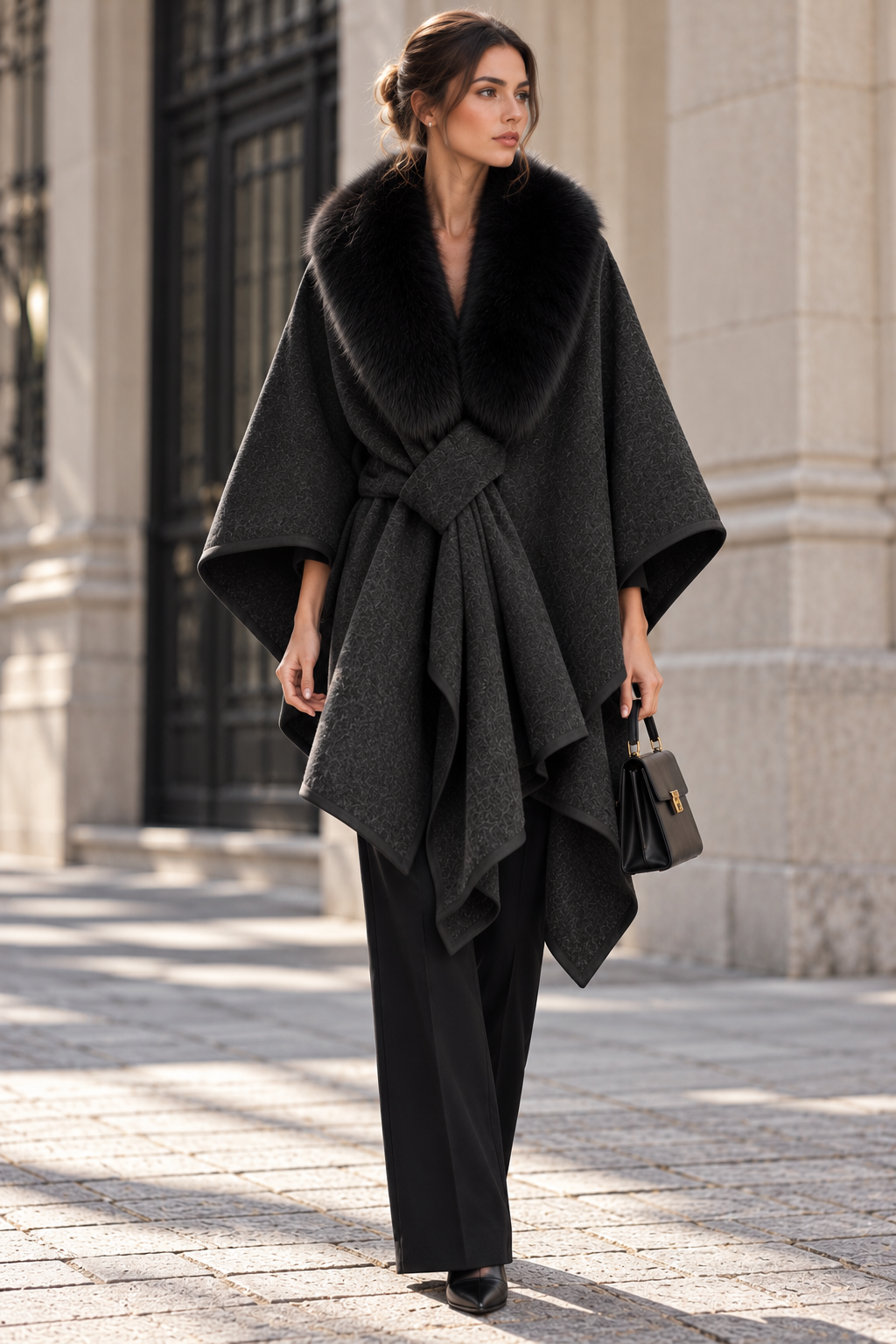 Black Wool Blend Oversized Draped Cape Coat with Fur Collar Flowering Girl