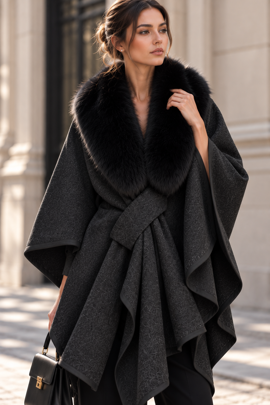 Black Wool Blend Oversized Draped Cape Coat with Fur Collar Flowering Girl