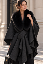 Black Wool Blend Oversized Draped Cape Coat with Fur Collar Flowering Girl