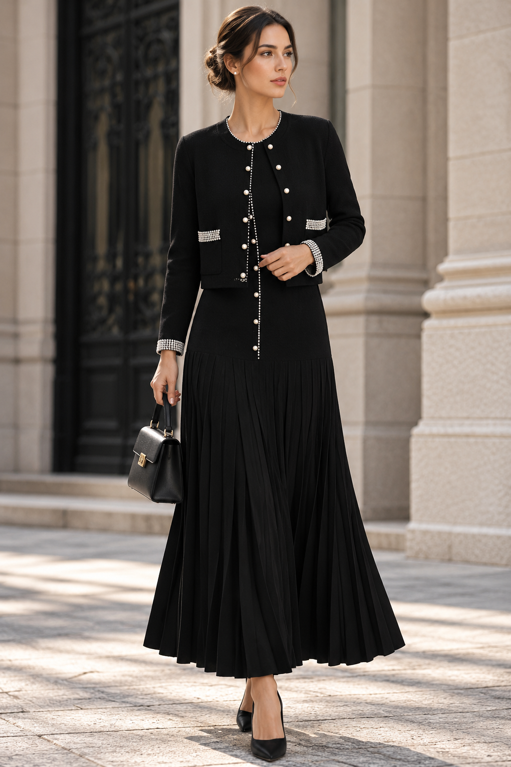 Black Fine-Gauge Knit Two-Piece Set with Metallic Trim Flowering Girl
