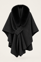 Black Wool Blend Oversized Draped Cape Coat with Fur Collar Flowering Girl