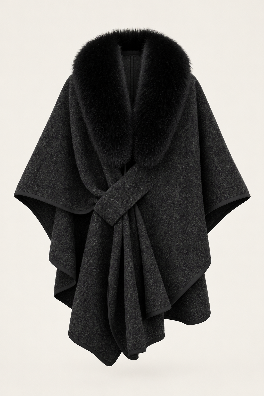 Black Wool Blend Oversized Draped Cape Coat with Fur Collar Flowering Girl