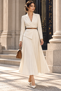Cream Structured Crepe Blazer and Pleated Skirt Set Flowering Girl