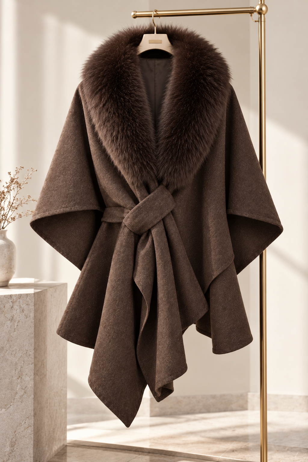 Dark Brown Wool Blend Draped Cape Coat with Fur Collar Flowering Girl