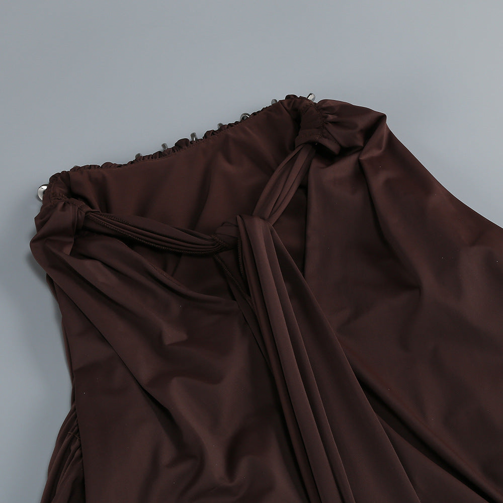Myna Coffee Halter Pleated Maxi Dress With Gloves