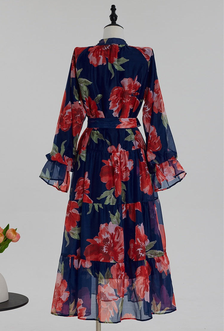 Navy Blue Tiered Chiffon Maxi Dress with Floral Print
