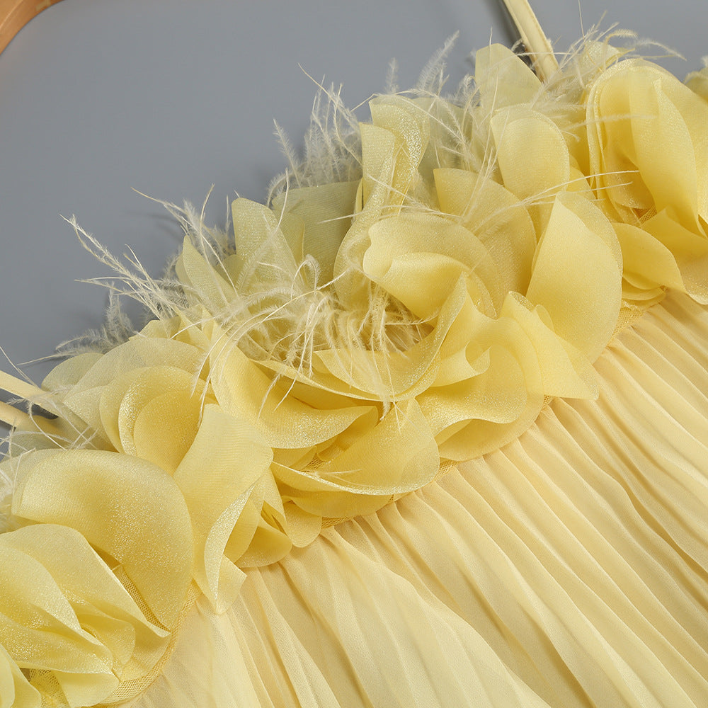 Mylie Yellow Spaghetti Flower Pleated Maxi Dress