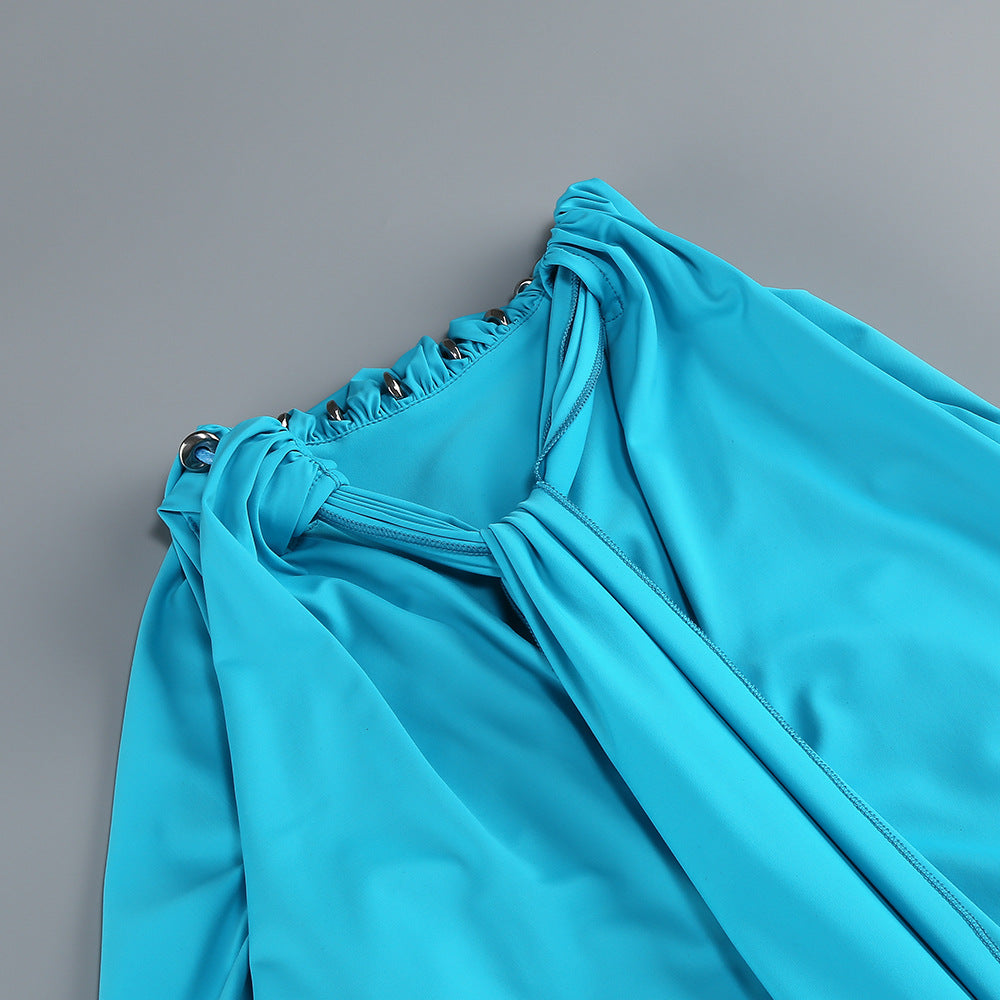 Myna Blue Halter Pleated Maxi Dress With Gloves