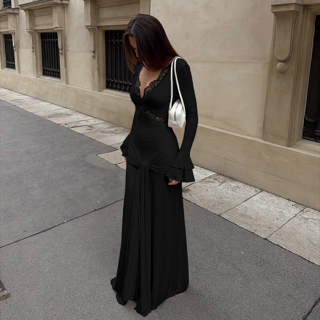 Black Stretch Maxi Dress with Lace Trim and Tiered Cuffs Flowering Girl