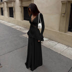 Black Stretch Maxi Dress with Lace Trim and Tiered Cuffs Flowering Girl