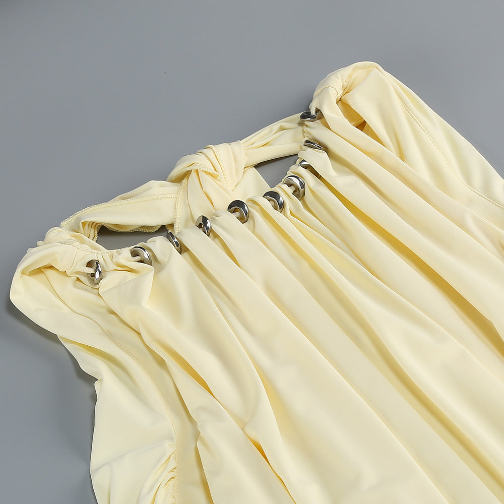 Myna Yellow Halter Pleated Maxi Dress With Gloves