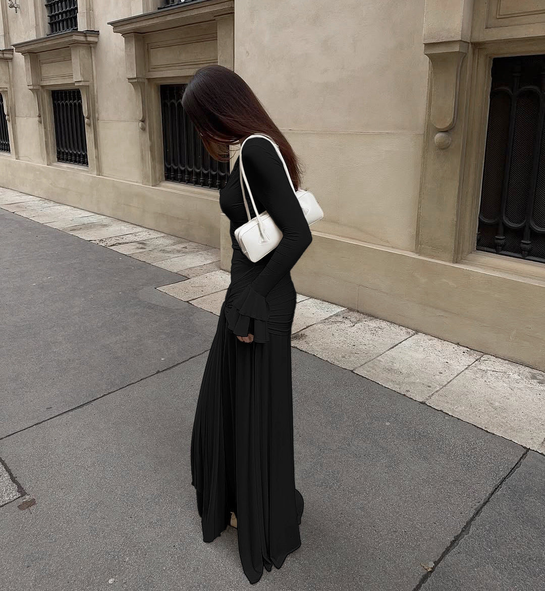 Black Stretch Maxi Dress with Lace Trim and Tiered Cuffs Flowering Girl