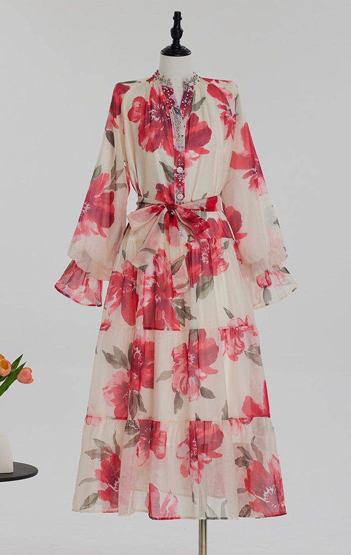 White Tiered A-Line Floral Chiffon Maxi Dress