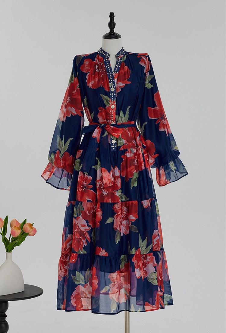 Navy Blue Tiered Chiffon Maxi Dress with Floral Print