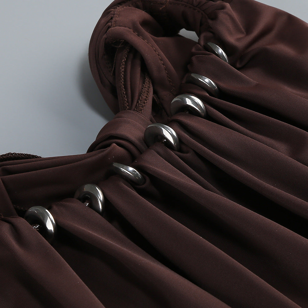 Myna Coffee Halter Pleated Maxi Dress With Gloves
