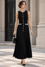 Black Fine-Gauge Knit Two-Piece Set with Metallic Trim Flowering Girl