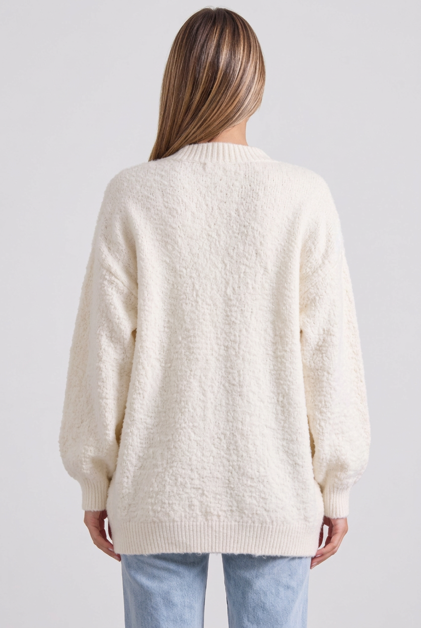 Cream Bouclé Knit Oversized Cardigan with Pearl Shoulder Embellishments Flowering Girl