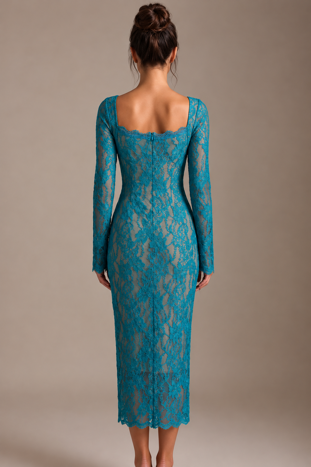 Turquoise Floral Lace Midi Dress, Square Neck Long Sleeve Bodycon Formal Dress Flowering Girl