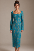 Turquoise Floral Lace Midi Dress, Square Neck Long Sleeve Bodycon Formal Dress Flowering Girl