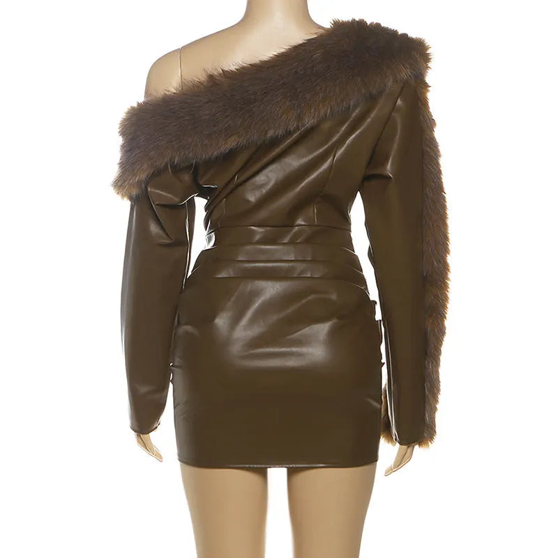 Sibyl Leather Fur Collar Asymmetrical Mini Dress In Brown Flowering Girl