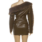 Sibyl Leather Fur Collar Asymmetrical Mini Dress In Brown Flowering Girl