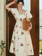 Rosalind Retro Embroidered Puff Sleeve Dress Flowering Girl
