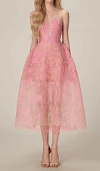 Allyson Pink Floral Lace Embroider Midi Dress Flowering Girl