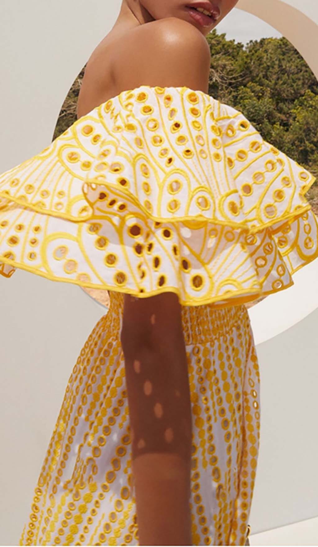 Ruffle Cold Shoulder Midi Dress In Yellow Flowering Girl
