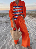 Unique Casual Print Loose Oversized Shirt Wide-Leg Pants Set Flowering Girl