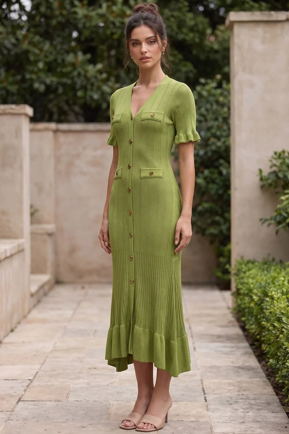 Olive Green Ribbed Knit A-Line Trumpet Midi Dress Flowering Girl