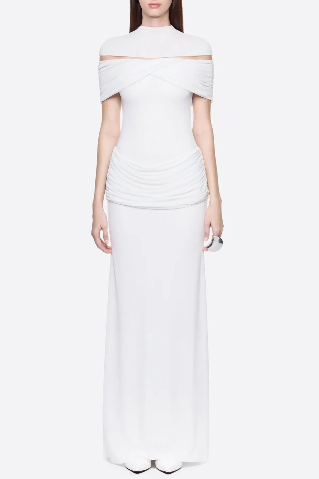 Megan Ruched Knit Patchwork Maxi Dress In White Flowering Girl