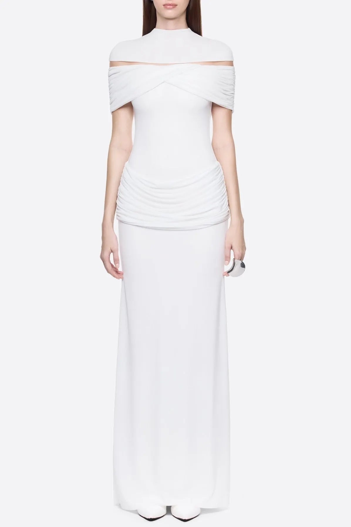 Megan Ruched Knit Patchwork Maxi Dress In White Flowering Girl