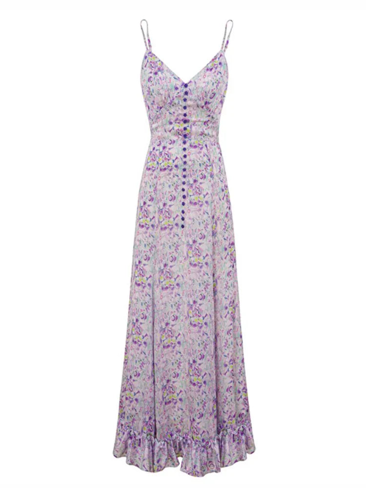 Pink Floral V-Neck Ruffle Maxi Dress Flowering Girl
