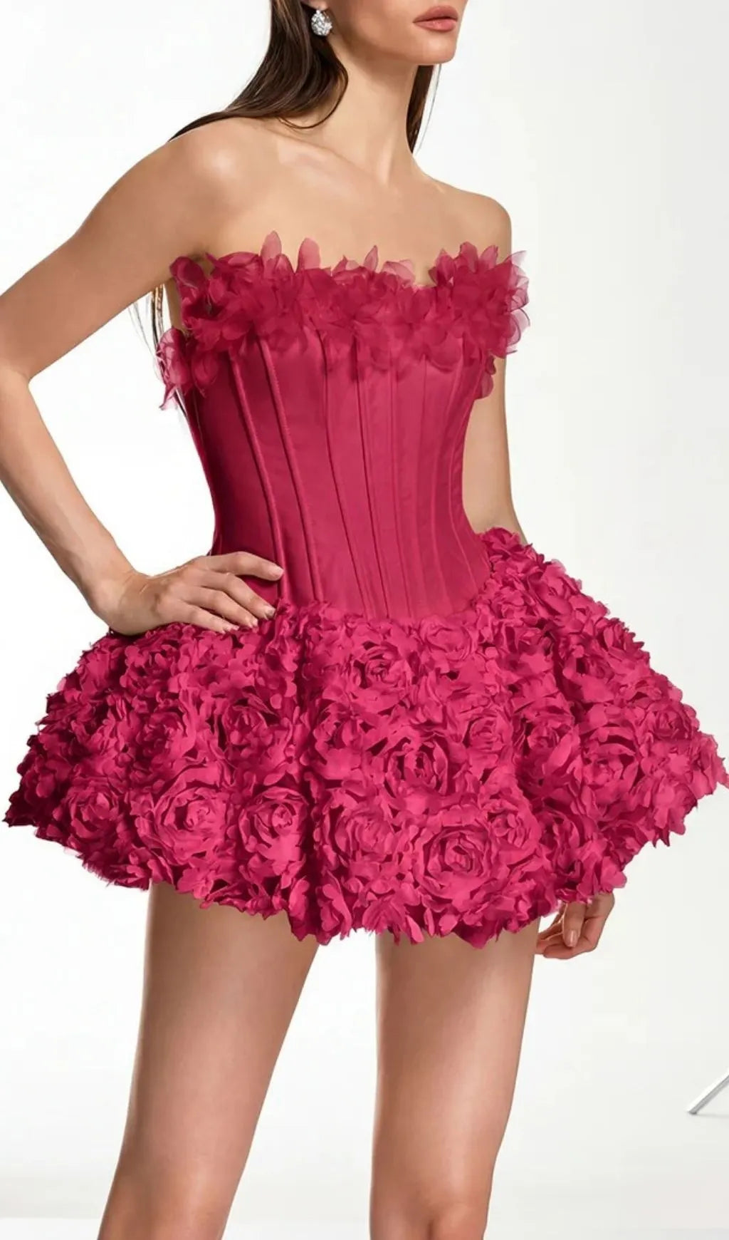Ulthar Strapless Flower Mini Dress In Hot Pink Flowering Girl