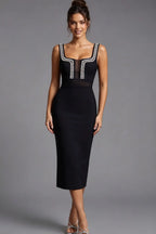 Black Structured Stretch Knit Sheath Midi Dress Flowering Girl