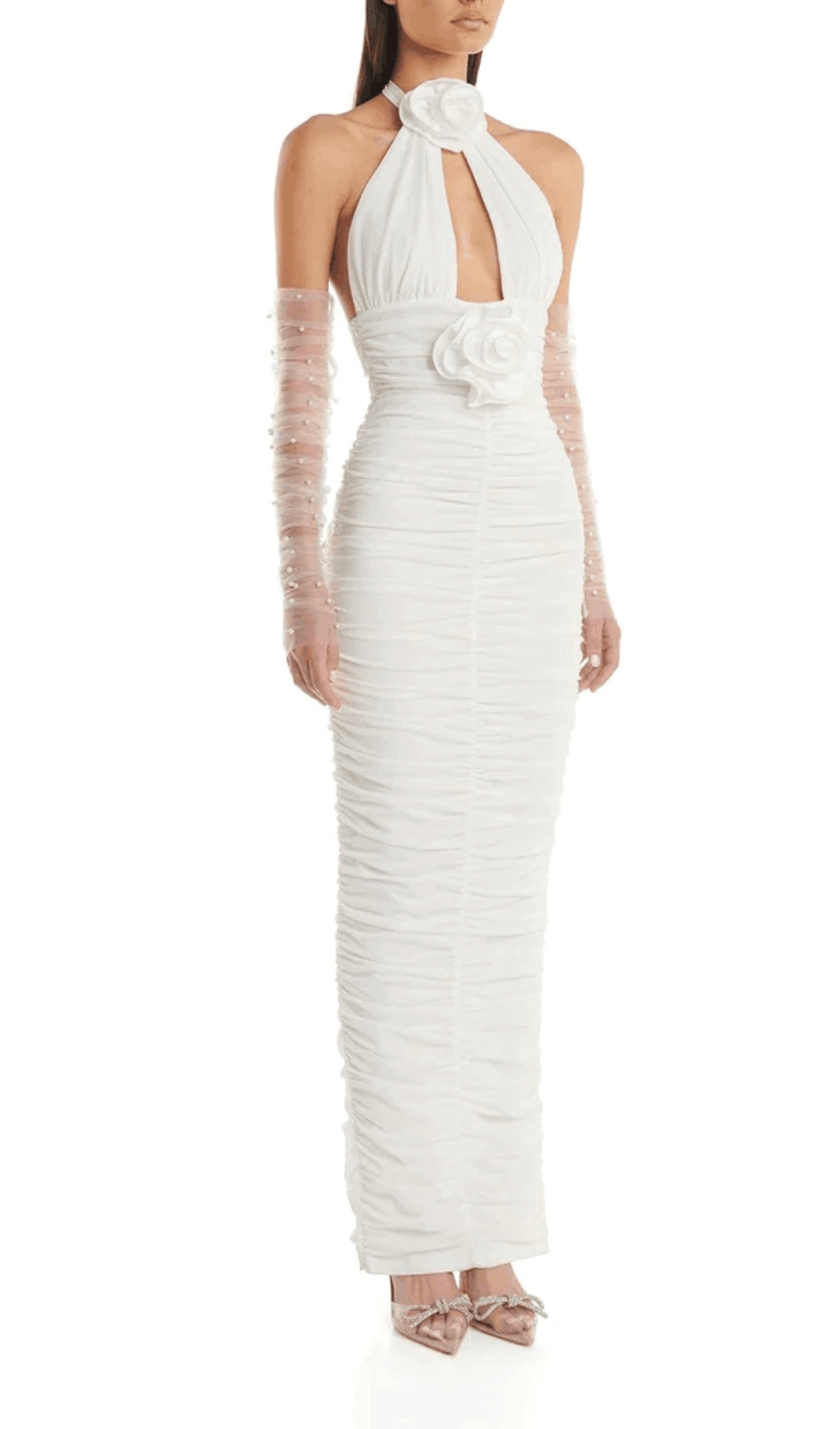 White 3D Floral Circle Neck Bandage Maxi Dress